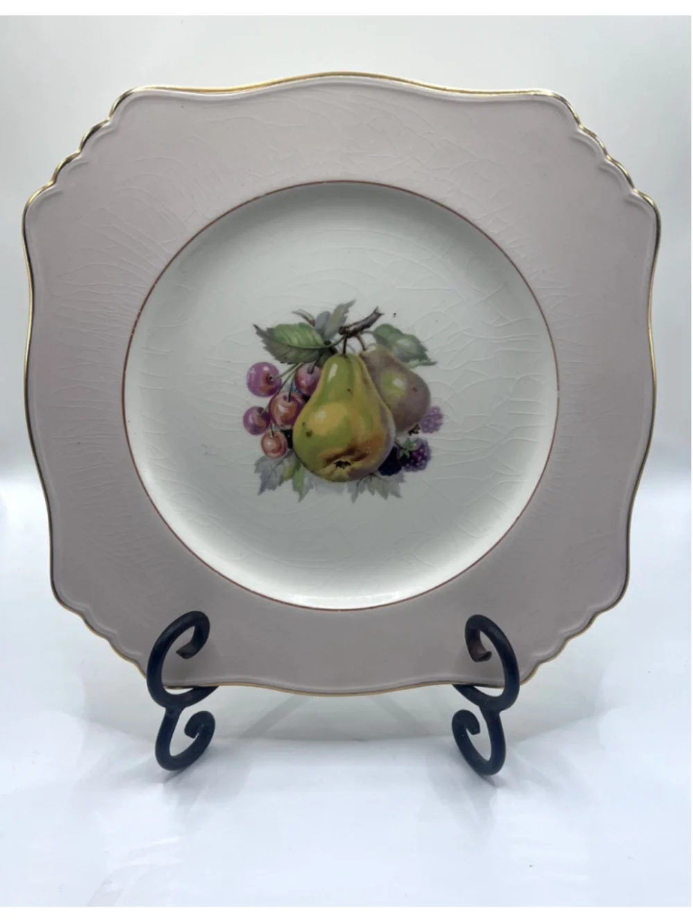 Royal Winton England Grimwades Plate 8.5” Pink Square Fruit Scalloped Gold Edges
